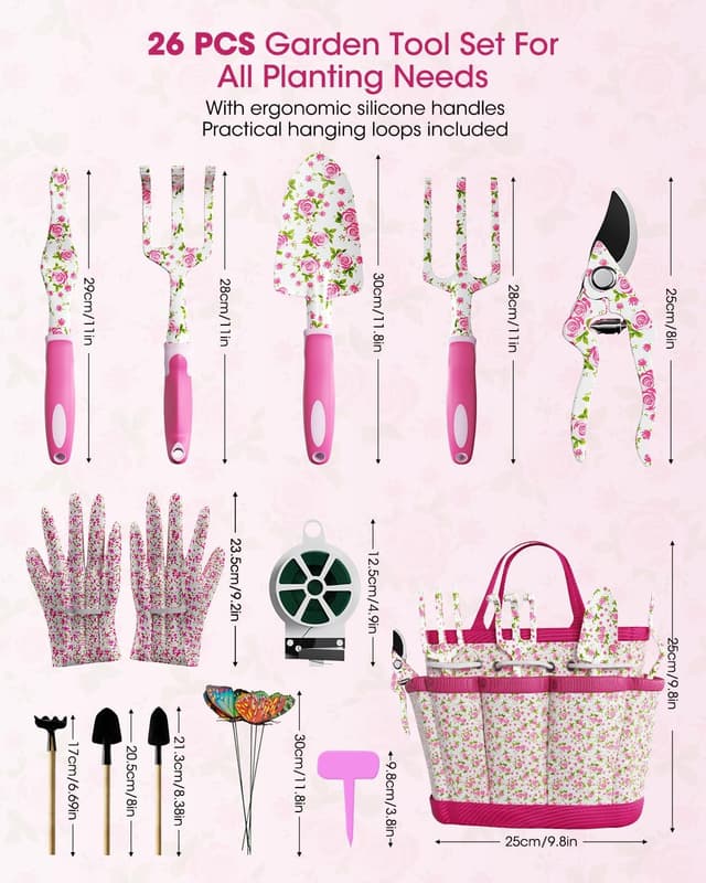 Detalle 2 de MYMULIKE 26-Piece Floral Gardening Tools Set for Women (Gloves & Handbag Gift Box)