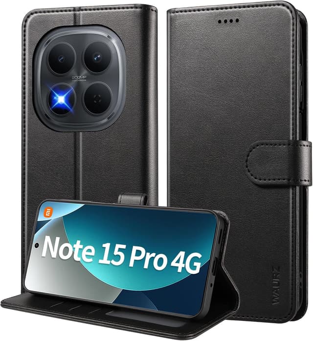 Detalle de Custodia WAURZ in pelle a libro per Xiaomi Redmi Note 15 Pro 4G con portacarte magnetico e supporto Nero