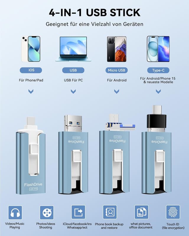 Thumbnail 1 de GNASEET USB Stick 256GB für Phone — 4 in 1 Speicher Blau ⌚