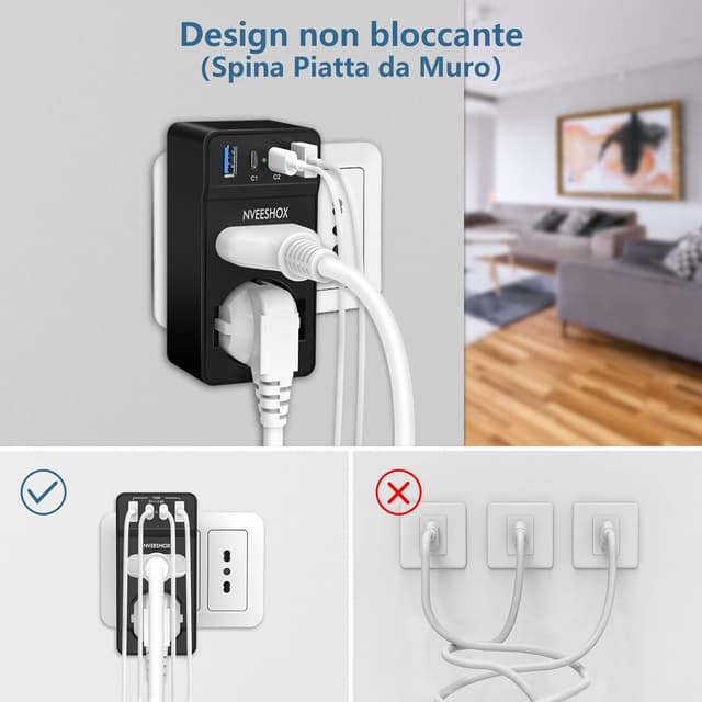 Detalle de NVEESHOX multipresa 6-in-1 da muro con 1 Schuko + 1 presa IT, USB-C PD 20W e protezione