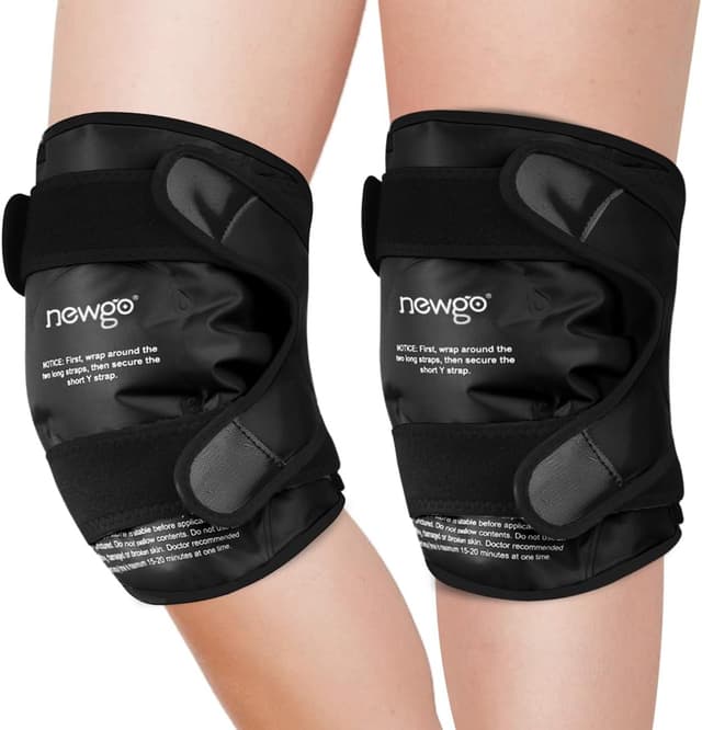 Detalle de NEWGO reusable knee ice pack wrap (2-pack) for post-surgery pain relief, swelling and bruising