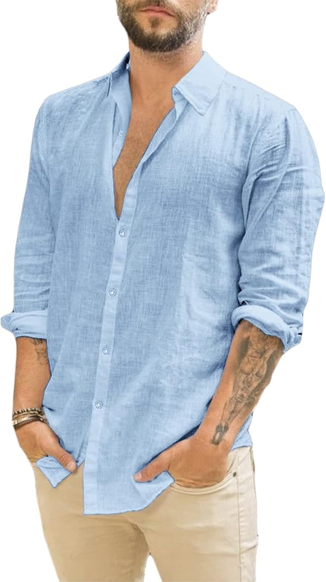 Detalle de Runcati Herren Langarm-Leinenhemd mit Umlegekragen – Business- & Freizeithemd für Sommer