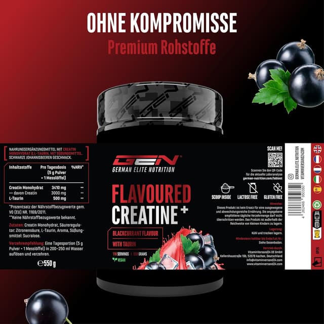 Detalle de GEN German Elite Nutrition Flavoured Creatine Pulver (550 g) – Kreatinmonohydrat mit L-Taurin, schwarzbeeren, zuckerfrei