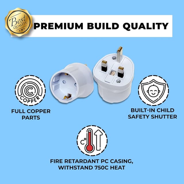 Detalle de Double Dragon EU to UK Plug Adapter (Schuko & Europlug to UK 3-Pin) – BS8546 Certified, 13A Fused, White (2 Pack)