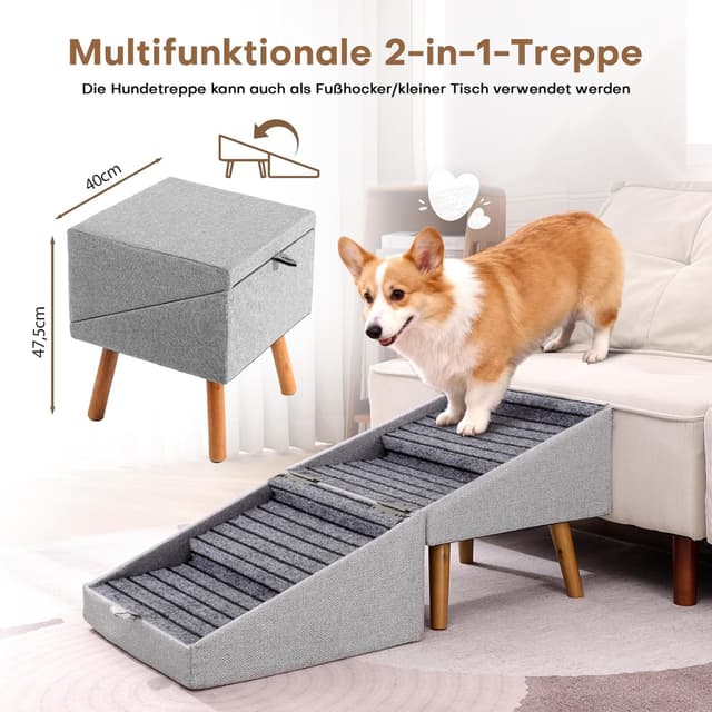 Thumbnail 6 de Hundetreppe 2-in-1 aus Holz für Couch & Bett – klappbar, rutschfester Komfortbezug (Hellgrau, 43,5 cm hoch)