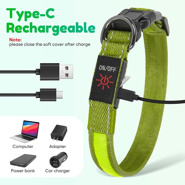 Detalle 2 de Sugiifamy Light Up Dog Collar (Green, M) with USB Rechargeable LED Tube and Reflective Stitches