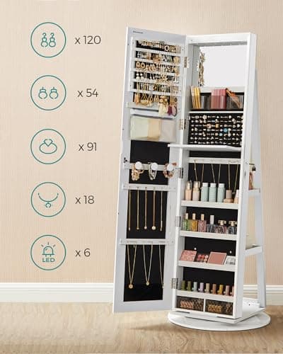 Detalle 1 de SONGMICS JJC007W01 espejo joyero sin marco con 6 LEDs y giro 360° (superficie blanco, forro negro)