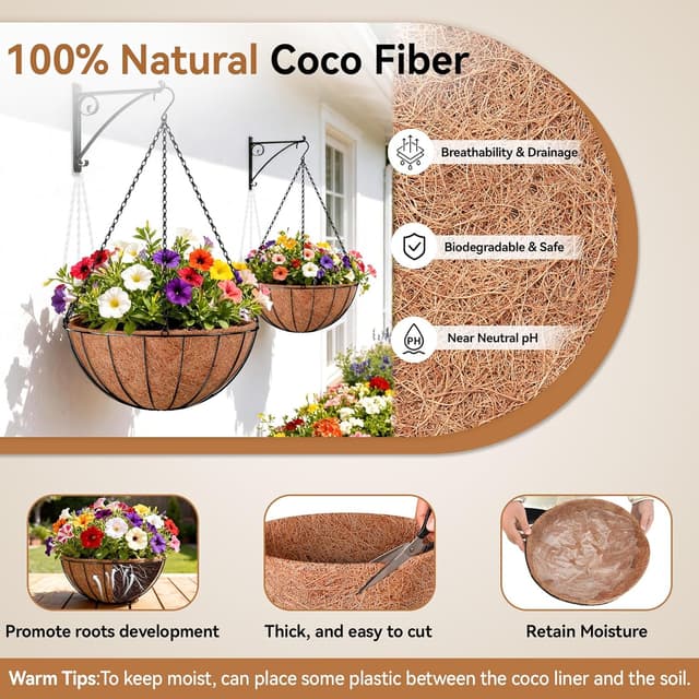 Detalle de Halatool 3-Pack 14 Inch Round Coco Coir Hanging Basket Liners (Coconut Fibre)
