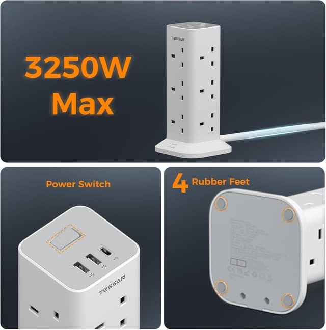 Thumbnail 5 de TESSAN 12‑way Power Strip 3 USB, 2m Cable 🔌