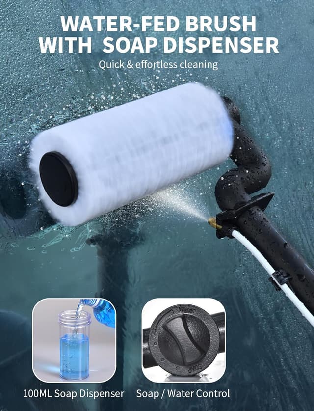 Detalle de Electric Solar Panel Cleaning Brush and Pole Kit (6.2M) with Soap Dispenser & Telescopic Water Fed Pole
