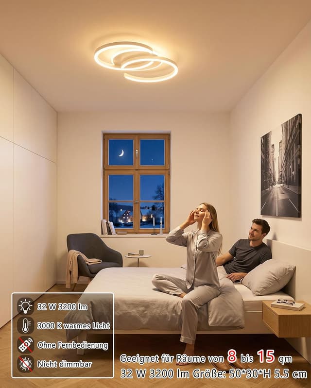 Detalle 2 de Meloweel LED-Deckenleuchte fürs Schlafzimmer (S-Form, 3000 K warmweiß) 32 W, 50 cm, 2 Ringe, nicht dimmbar