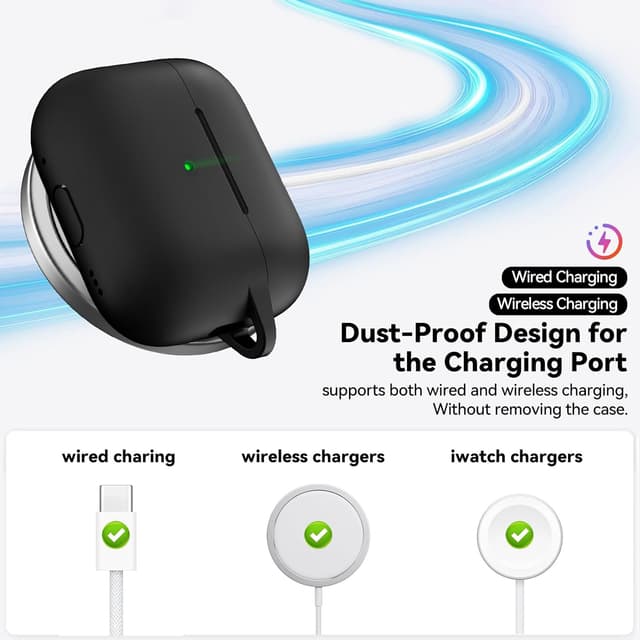 Detalle de Joremx Silikon-Hülle für AirPods Pro 2 (USB‑C/Lightning, 2023) inkl. Ohrstöpseln (XS/S/M/L) & Reinigungsset – schwarz