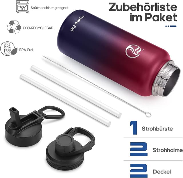 Detalle de HydroPal Edelstahl-Trinkflasche (500 ml bis 1,9 L) mit Strohhalm & 2 Deckeln, BPA-frei, kohlensäuregeeignet