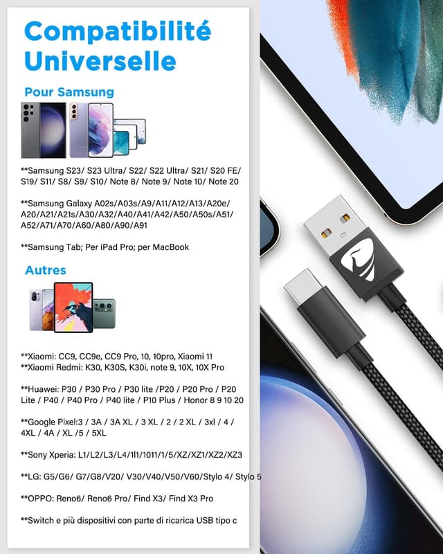 Detalle 2 de Aioneus Lot de 2 câbles USB‑C 2 m + 1 m (charge rapide 3A, nylon tressé, synchro données)