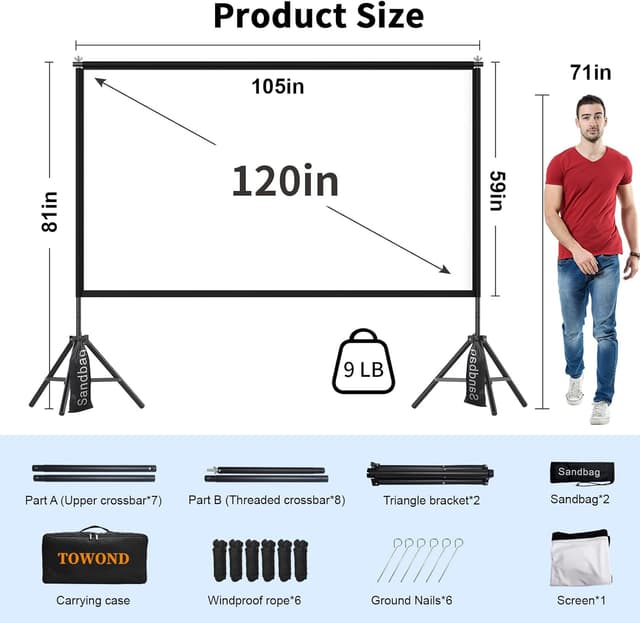 Detalle 1 de TOWOND Projector Screen with Stand (120-inch, 16:9) for Backyard Movie Nights
