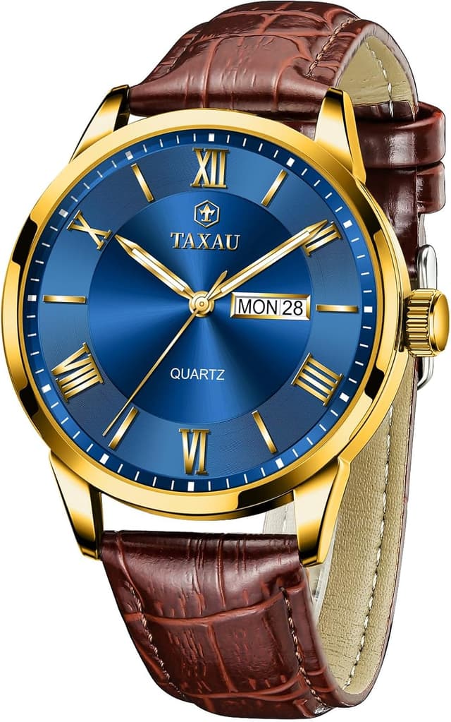 Detalle de Taxau Herrenarmbanduhr aus Leder mit großem Zifferblatt, Quarzwerk und Datumsanzeige