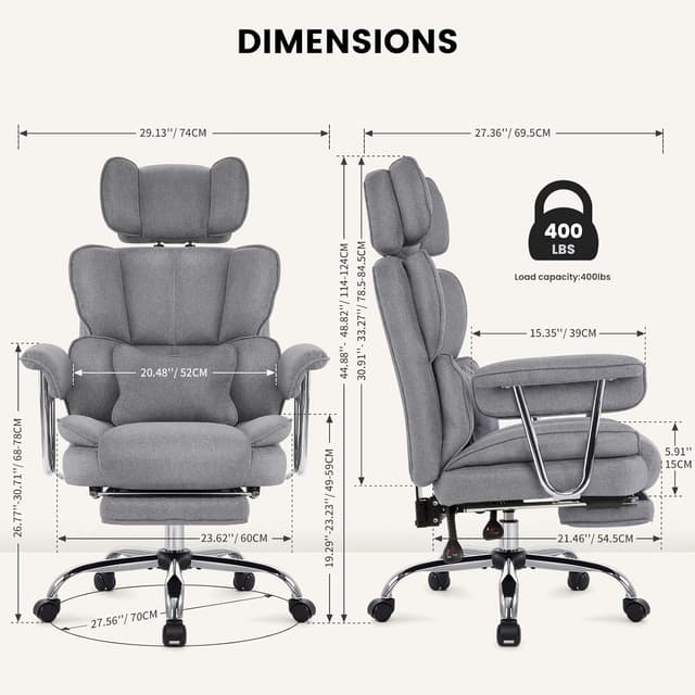 Detalle 2 de IWMH Bürostuhl mit Fußstütze, verstellbarer Lendenwirbelstütze und Kopfstütze (XXL, bis 200 kg) – Drehstuhl mit Armlehnen, grau