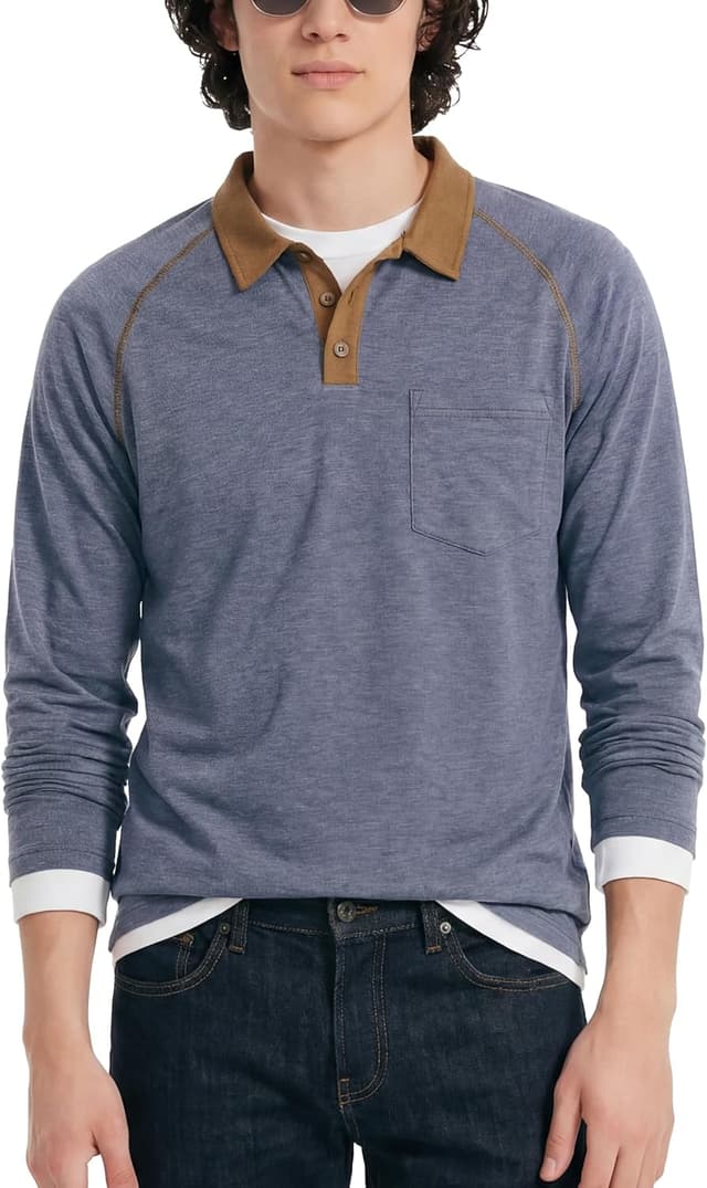 Detalle de GLESTORE Poloshirt Herren Langarm mit Giraffen-Stickerei – Casual Longsleeve Polo