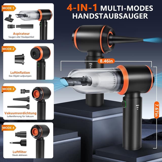 Detalle de Akkus Handstaubsauger 25.000 Pa (4-in-1) – kabellos, 3-Gang, bürstenloser Motor für Auto, Küche & Tierhaare