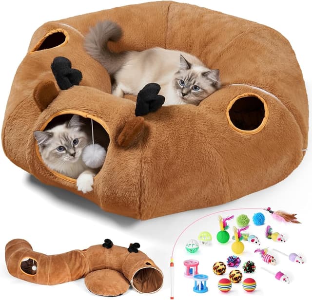 Thumbnail 6 de Odoland 2-in-1 Cat Tunnel Bed set with washable cushion, donut tunnel & hanging toys (dark grey)