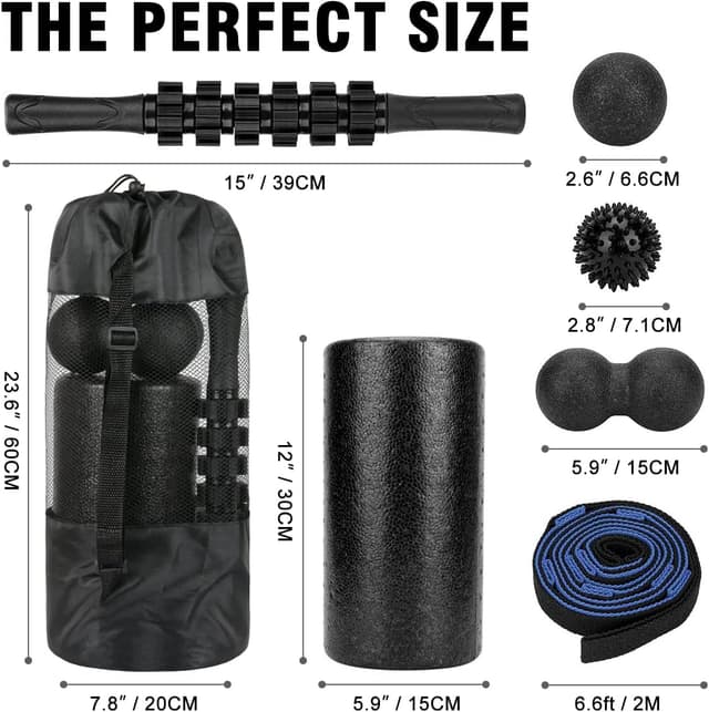Detalle de Whole Body Foam Roller Set (High Density Roller + Muscle Stick + Plantar Fasciitis Ball + Strap)