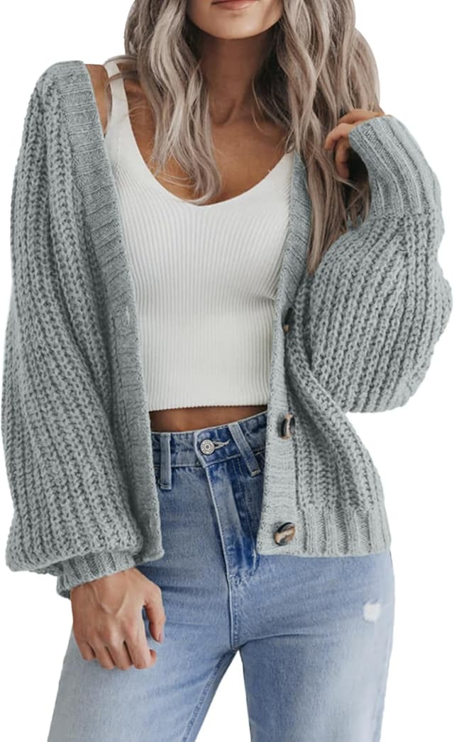 Thumbnail 6 de Cardigan court Hotouch en grosse maille, col en V et patte de boutonnage pour femme