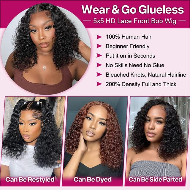 Detalle de Ailwelia Curly Bob Wig (Human Hair Deep Wave) 5x5 HD Lace Glueless, 200% Density, 14 Inch