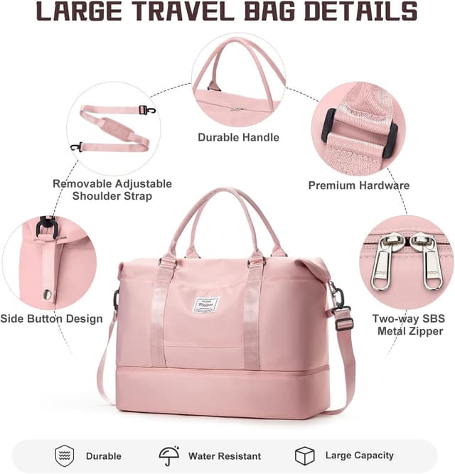 Detalle de N3-Rosa Groß Reisetasche Damen Handgepäck Weekender Bag mit Schuhfach, Nassfach und Trolley-Hülle (50 l)