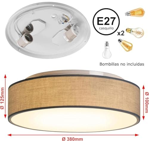 Thumbnail 7 de Madera Nieve plafón de techo redondo de tela Taupe 38 cm con 2 casquillos E27 (sin bombilla)