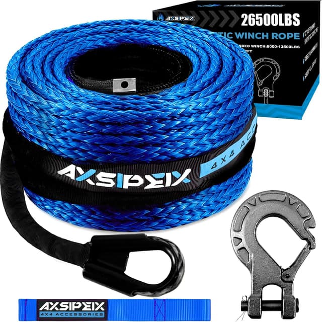 Detalle de Synthetic Winch Rope Kit (3/8" x 92ft) w/ 26,500LBS Break Strength, Blue Rope + Protective Sleeve