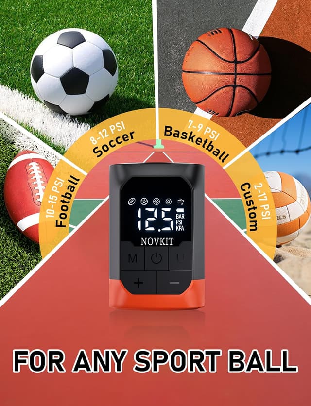 Detalle 2 de NOVKIT Electric Ball Pump (2–17 PSI) with Precise Gauge, Rechargeable 2600 mAh for Basketball, Soccer & Football