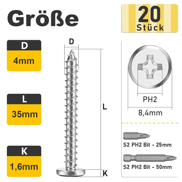 Detalle 2 de Boltmax 20x Holzschrauben M4 x 35 mm aus Edelstahl A2 (Blechschrauben, selbstschneidend, Kreuzschlitz)