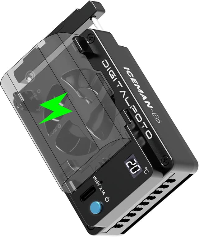 Detalle de DFCINE ICEMAN-E6 Ventola di raffreddamento con display LED per Canon R5/R6/90D e altre fotocamere