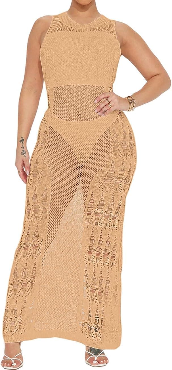 Detalle de Bsubseach crochet cover up dress for women with side split & hollow-out diamond pattern (sleeveless)
