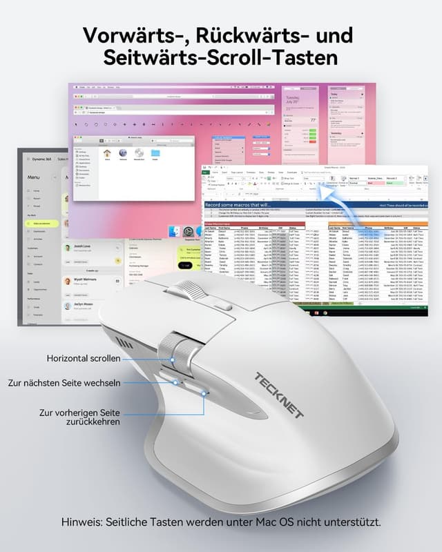 Detalle de TECKNET kabellose Bluetooth-Maus (BT 5.3/5.0 + 2,4G) mit 7 Tasten, 4.800 DPI, USB-C – weiß