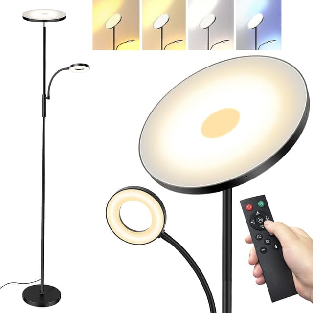 Detalle de LED Uplighter Floor Lamp 42W Dimmable Standing Lamp with Remote & Touch Control (Black)