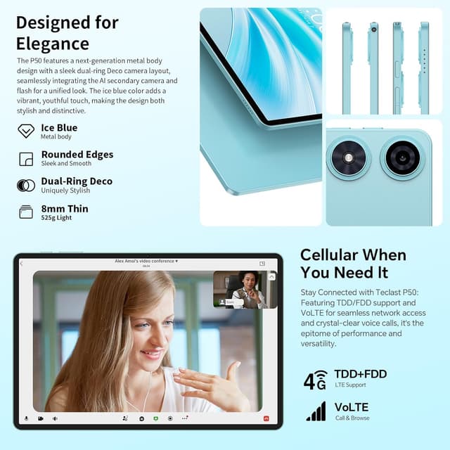 Detalle de TECLAST P50 Tablet Android 11" 90Hz con tastiera e pennino, Dual SIM 4G/5G WiFi, 12GB RAM e 128GB ROM