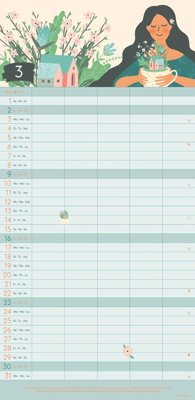 Detalle de GreenLine Green Vibes 2025 Familienplaner (22x45 cm) mit Spiralbindung – Familienkalender in 5 Spalten
