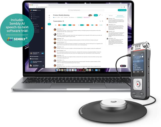 Detalle de Philips VoiceTracer DVT8115: registratore vocale per riunioni con microfono 360° e licenza AI Sembly