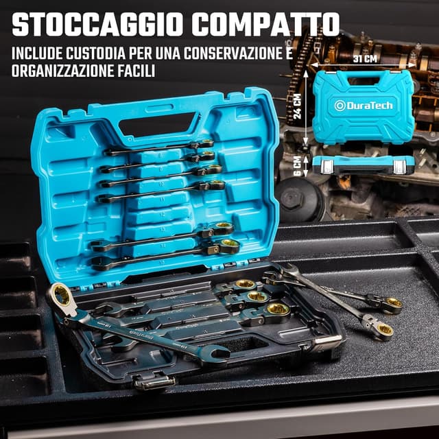 Thumbnail 6 de DURATECH set di 12 chiavi combinate a cricchetto con testa flessibile CR-V, 8–19 mm, 72 denti in valigetta