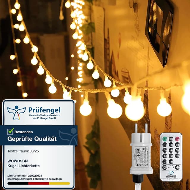 Detalle de WOWDSGN Kugel-Lichterkette mit 150 warmweißen LEDs, 15 m, dimmbar, 8 Leuchtmodi (Stecker, für innen & außen)