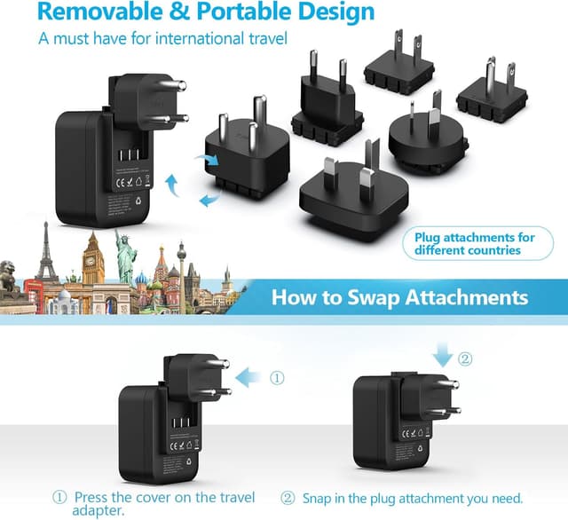 Detalle 2 de JSVER Reiseadapter Weltweit Set mit USB‑C & USB‑A für internationale Steckdosen (Typ A/C/G/B/I/M)