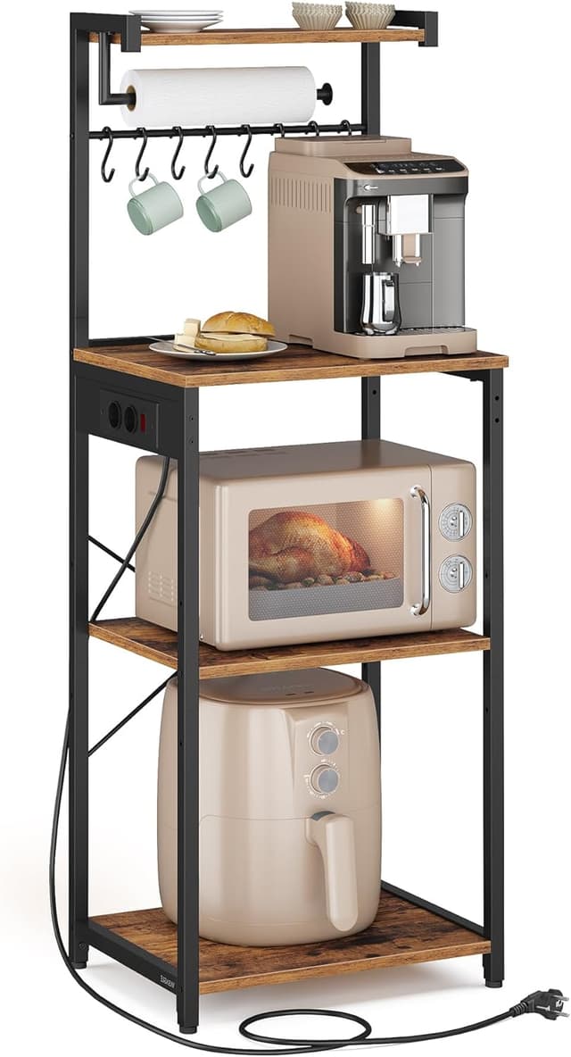 Detalle de VASAGLE KKS013KD02 Scaffale da cucina con multipresa, 4 ripiani e 8 ganci a S (40 x 45 x 140 cm)