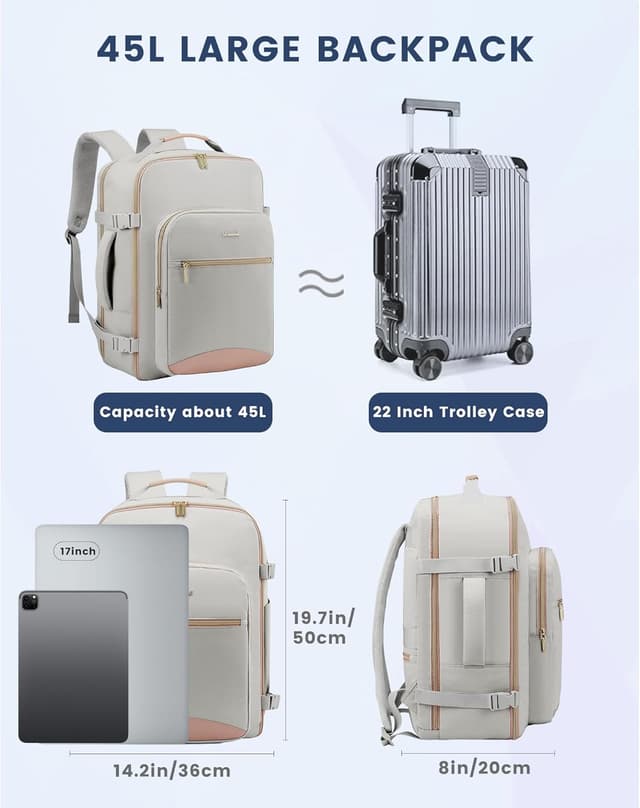 Detalle de LOVEVOOK Handgepäck Rucksack 40L mit Kofferkonzept und separatem Laptopfach (bis 18 Zoll)