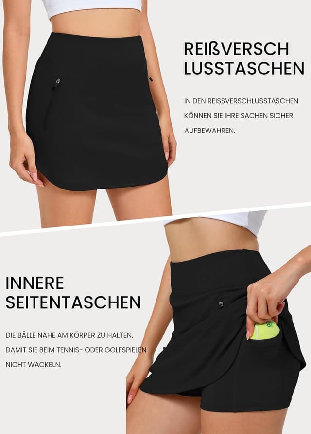 Detalle de Damen Sport-Hosenrock mit Reißverschluss-Taschen, elastischer High-Waist Bund – ideal für Wandern, Tennis und Golf