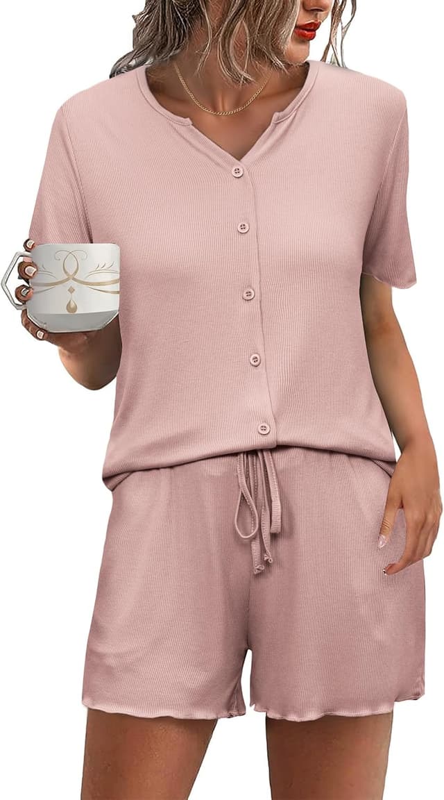 Detalle de Demegimi Damen Kurz-Pyjama aus Baumwolle mit Knopfleiste, Kurzarm-Shorty (Sommer)