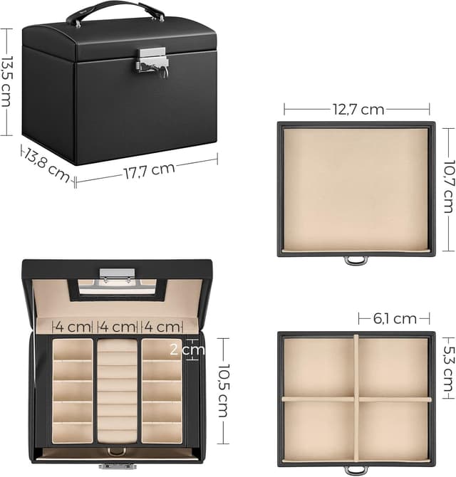 Detalle 2 de SONGMICS 3-Tier Lockable Jewellery Box JBC154B01 with Mirror, 2 Drawers & Handle