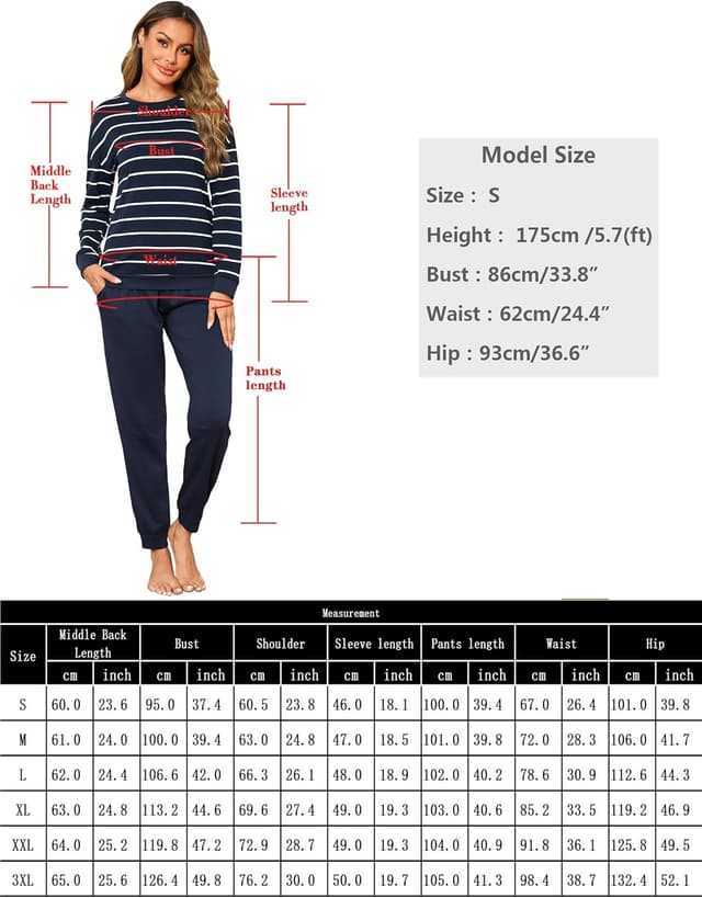 Detalle de Ensemble pyjama femme Bresdk en coton rayé, manches longues et pantalon hiver