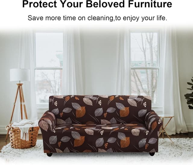 Detalle de Jaotto Copridivano Elasticizzato 4 Posti con braccioli, fantasia Foglie marrone antiscivolo e antimacchia