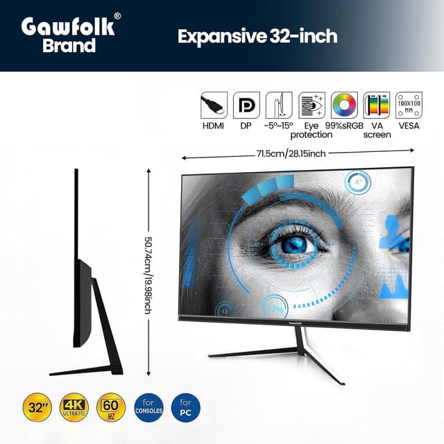 Detalle 2 de Gawfolk Écran PC 32 pouces UHD 4K 60 Hz avec haut-parleurs intégrés, HDMI/DP et VESA 100×100